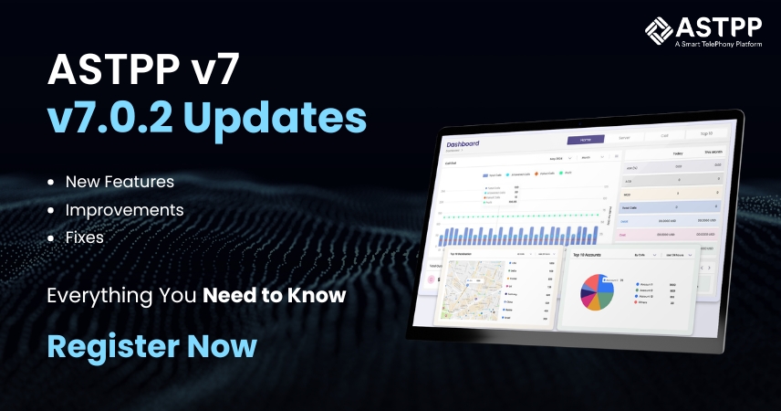 ASTPP v7.0.2 updates dashboard showing new features, improvements, and VoIP billing enhancements